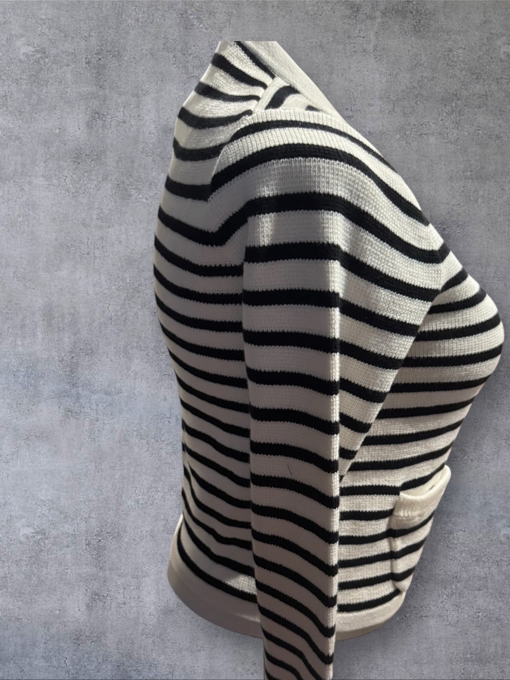 Quince Black and White Striped organic V-Neck Cardigan with Gold Buttons - Picture 4 of 10